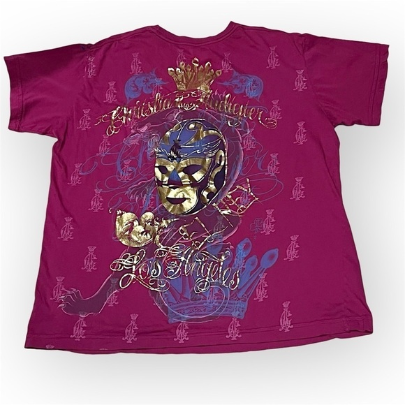 Christian Audigier all over graphic T-shirt, magenta with blue and gold print,XL - Picture 1 of 14